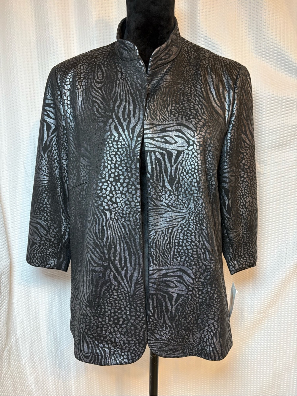 Bon Worth Black & Silver Metallic 3/4 Sleeve Jacket Open Front Size Petite M MWT